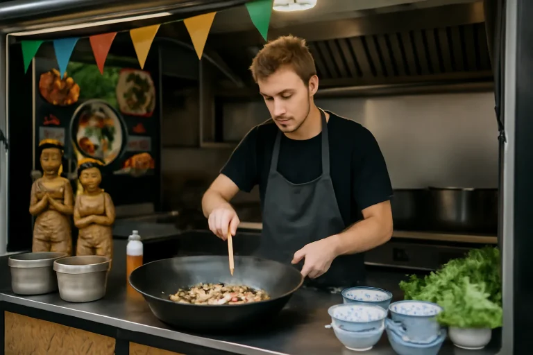 Dise&ntilde;o de food truck: chico blanco cocinando comida tailandesa aut&eacute;ntica